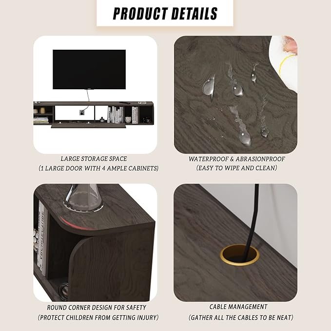 Floating TV Unit, 47'' Wall Mounted TV Cabinet, Floating Shelves with 4 Cabinets, Wooden Entertainment Media Console Center Large Storage TV Bench for Living Room & Office (47IN, Dark Grey)