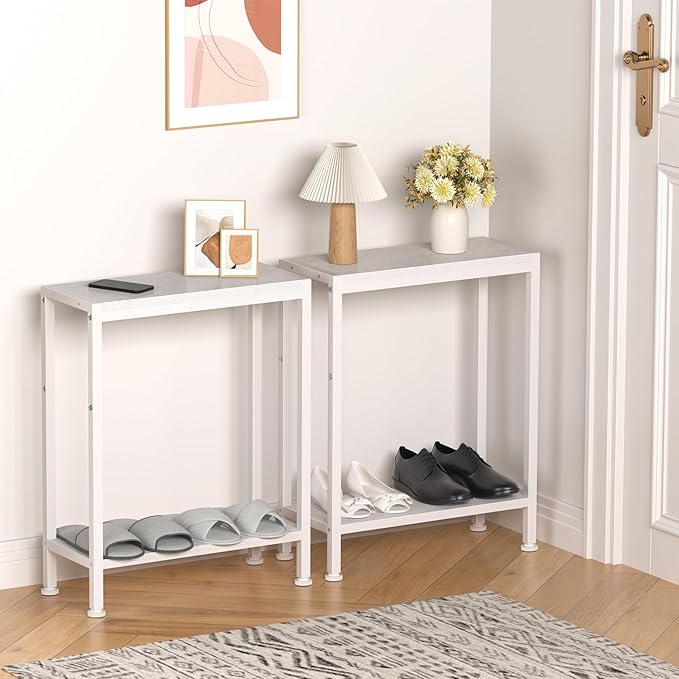 Narrow Side Table for Small Space Set of 2, 2-Tier Small End Table with Shelf Holder, Slim Nightstand, Skinny Snack Couch Table in Living Room, Bedroom, Study, Kitchen and Balcony（White