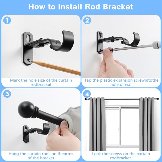 Curtain Rods for Windows 16 to 76 Inches, Curtain Rod Max Adjustable Length of 88 IN, 1" Diameter Drapery Rods Round Finials, Black, Pack of 1