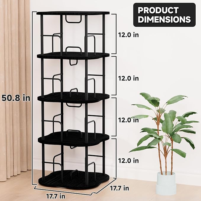 4-Tier Rotating Book Shelf, 360° Display Spinning Bookshelf Tower, Book Organizer, Floor Standing Bookcases for Small Space, Corner Book Shelf for Bedroom, Living Room, Study Room (Black)