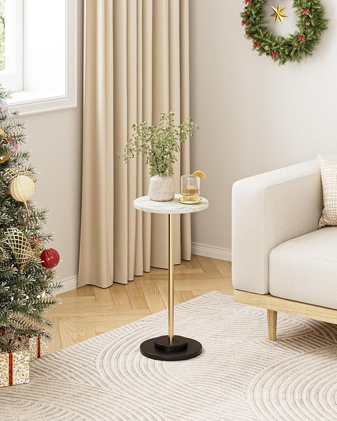 Round Side Table, Small Drink Table for Small Spaces, Modern Accent End Table Coffee Table with Metal Leg for Living Room, Bedroom, Corners, and Office (Marble)