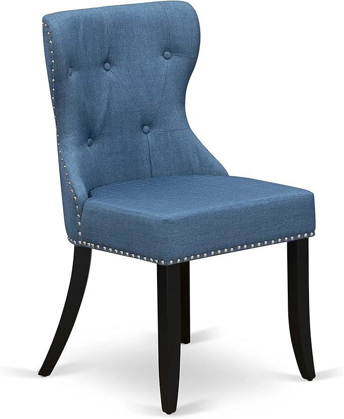 East West Furniture AMSI3-BCH-21 3 Piece Dinette Set for Small Spaces Contains a Round Kitchen Table with Pedestal and 2 Blue Linen Fabric Parson Dining Chairs, 36x36 Inch, Black & Cherry