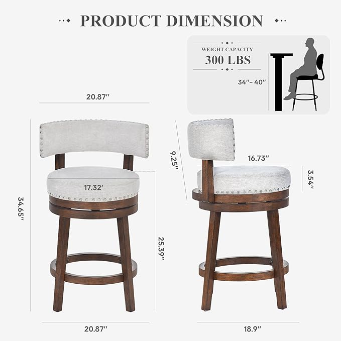 COLAMY Swivel Bar Stool Set of 2, Modern Swivel Barstool with Back, Counter Height Bar Stools, 25 Inch Upholstered Wood Barstool for Kitchen Island Dining Room Bar, Beige