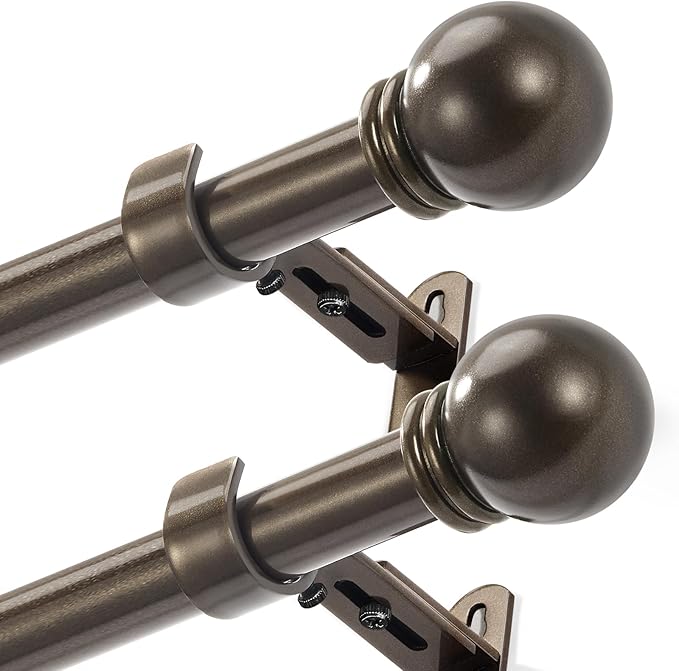 Curtain Rods for Windows 16 to 150 Inches, Curtain Rod Max Adjustable Length of 160 IN, 1" Diameter Drapery Rods Round Finials, Brown, Pack of 2