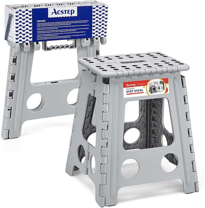 ACSTEP Folding Step Stool 16 Inch Heavy Duty Step Stool Foldable for Adults and Kids, Collapsible Stepping Stool with Handle, Non Slip Folding Stools for Kitchen Hold Up to 400lbs (Grey 1PC)