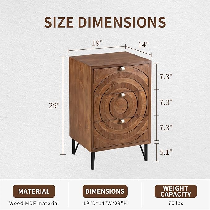 COSIEST Nightstand, Rustic End Table with 3 Drawers, Vintage Wood Bedside Table with Strudy Legs, Modern Side Table Accent Nightstand for Bedroom, Living Room(Brown,2 Pieces)