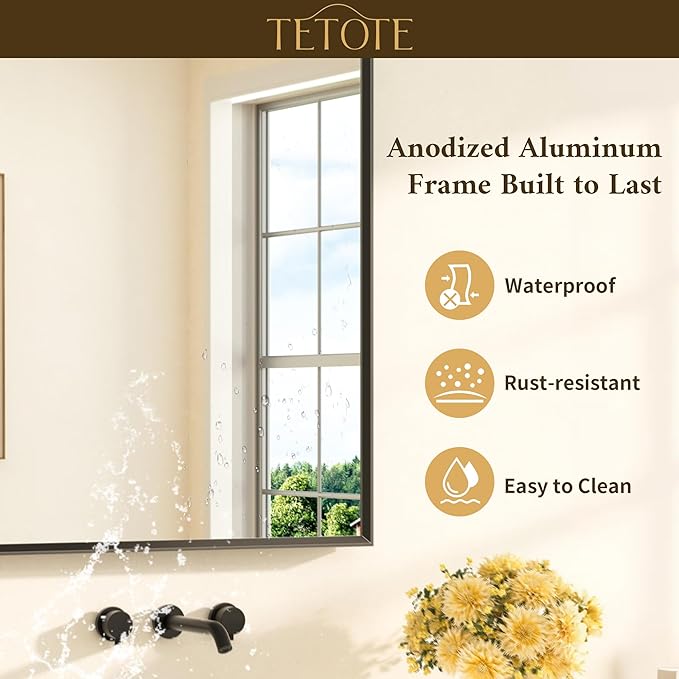 TETOTE Matte Black Beveled Framed Bathroom Mirror 60" x 30" Large Black Rectangle Metal Vanity Wall Mirror for Bathroom Sink, Modern Farmhouse, Tempered Glass, Shatterproof, Stronger Frame