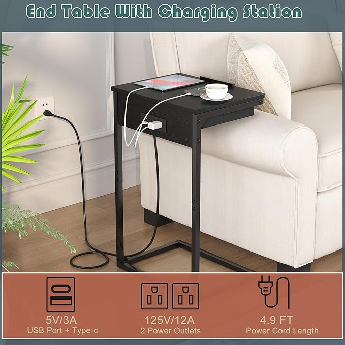 C Shaped End Table with Charging Station,45° Tiltable Adjustable Flip Top Side Table Set of 2,Small C Table Set 2 for Small Spaces,Slide Under Couch Sofa Bedside Table Living Room, Black