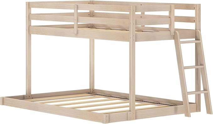 Grain & Grove Bear Twin Over Full Bunk Bed, Low Bunk Bed Frame for Kids, Bunk with Ladder, Guardrail and Slats, No Box Spring Required, Oak Embossed Natural