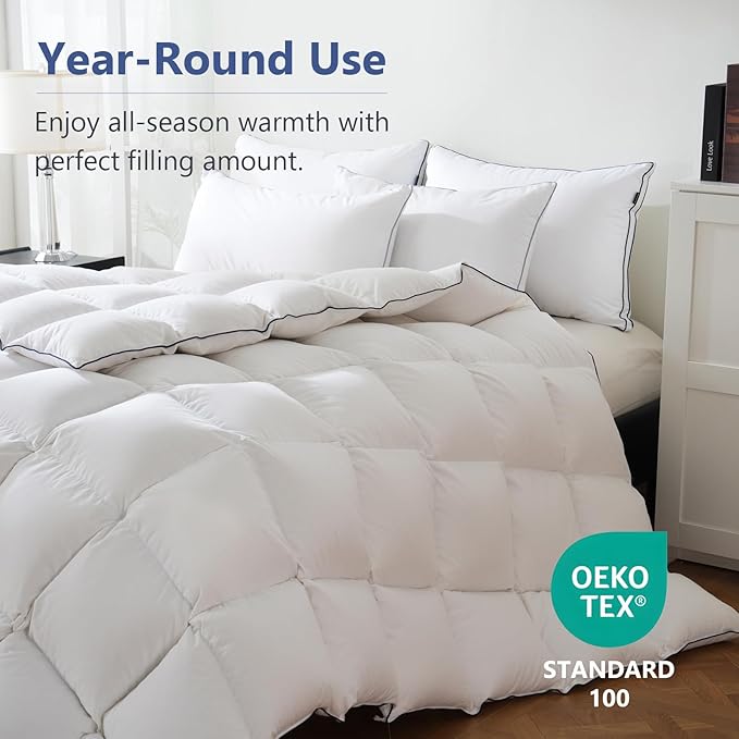 DOWNCOOL Feather Comforter King Size, White Fluffy Duvet Insert King with Ultra Soft 100% Cotton Cover, All Season Luxurious Hotel Bed Comforter with Corner Tabs, 106"x90"