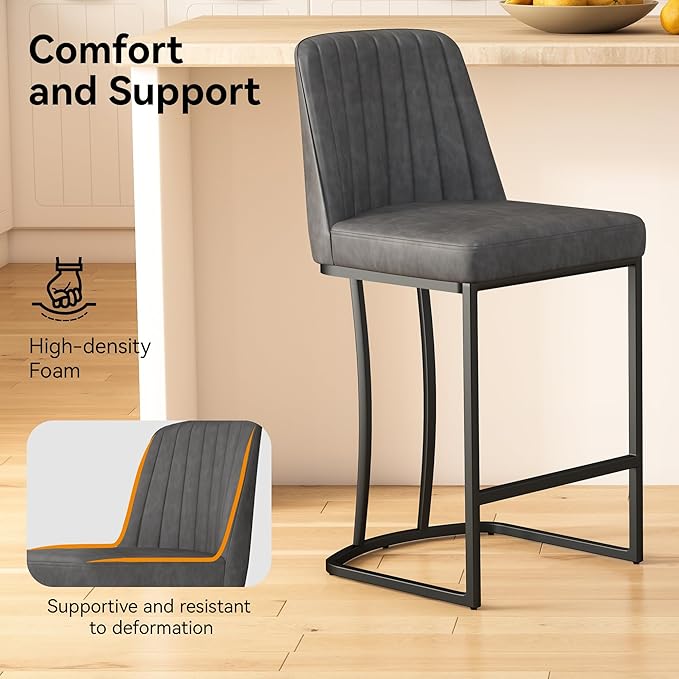 Bar Stools Set of 6, Faux Leather Counter Height Barstools, Upholstered Kitchen Counter Stools with Back and Stitching, 25.6" H Kitchen Island Stools Bar Chair, Metal Framed, Black Grey