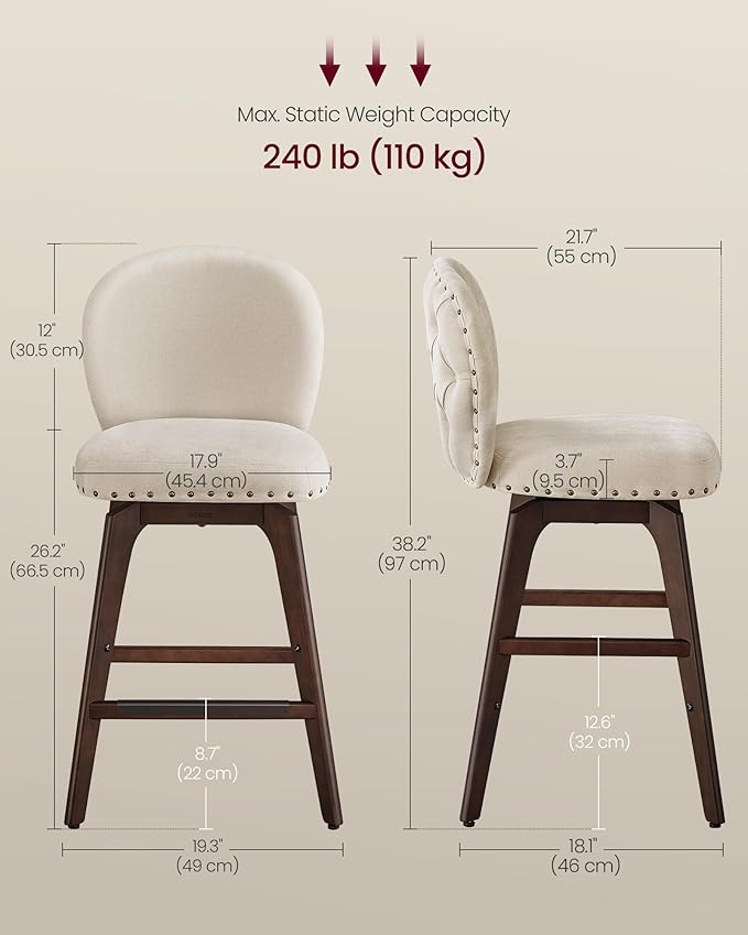 VASAGLE Bar Stools Set of 4, Swivel Counter Height Bar Stools with Back and Wood Legs, Chenille Fabric Upholstered Barstools, 26.2-Inch Tall Counter Barstools for Kitchen Island, Cappuccino Beige