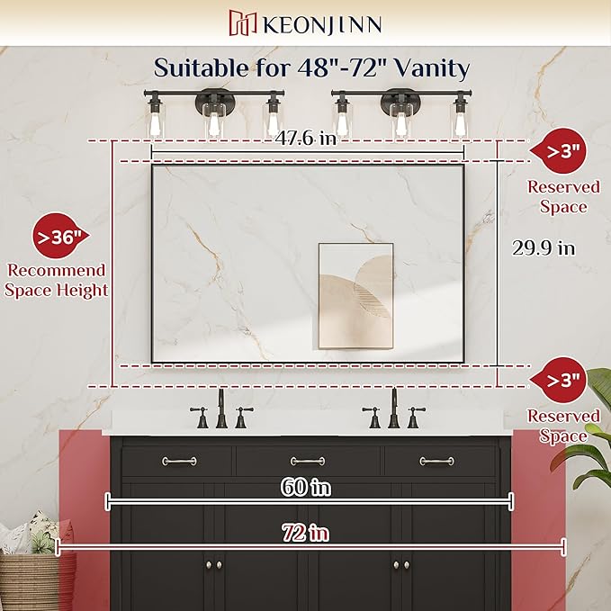 Keonjinn Black Framed Mirror for Bathroom 48 x 30 Inch Large Matte Black Bathroom Mirror Rectangle Wall Mirror Square Corner Metal Frame Farmhouse Bathroom Mirror for Over Sink(Horizontal/Vertical)