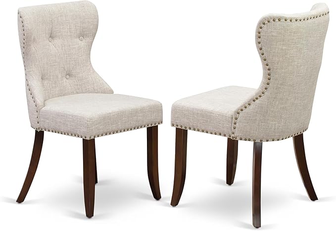 East West Furniture DLSI5-MAH-35 5 Piece Kitchen Table & Chairs Set Includes a Round Dining Room Table with Dropleaf and 4 Doeskin Linen Fabric Parson Dining Chairs, 42x42 Inch, Mahogany