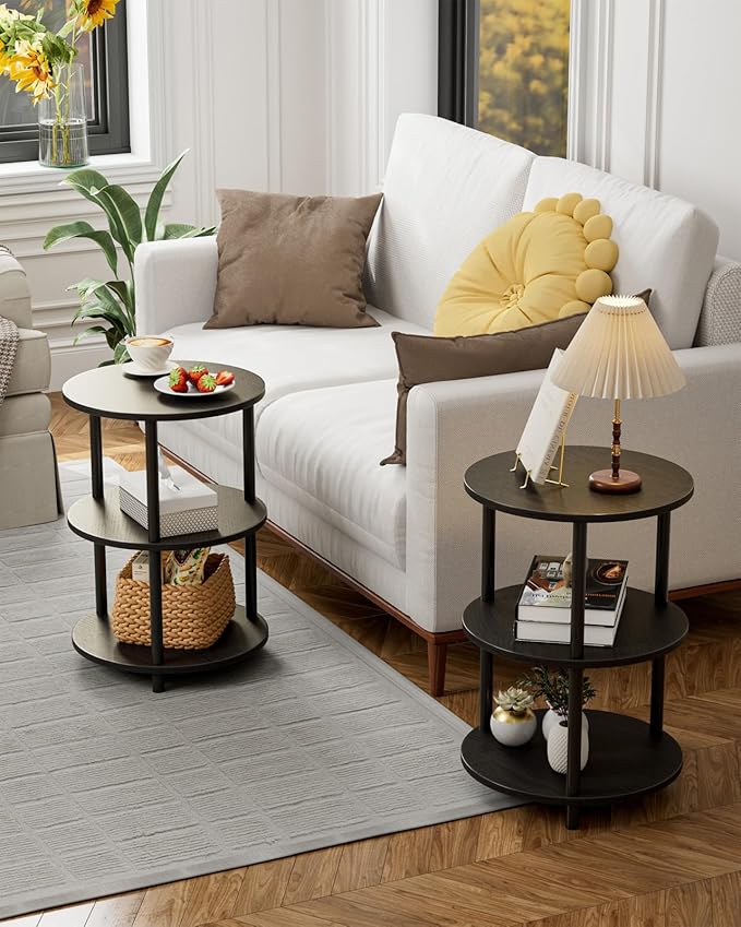 Small Round End Table - 3 Tier Design Accent Table, Narrow Side or Bedside Stand, Industrial Vintage Nightstand for Bedroom, Living Room, or Small Spaces, Charcoal Wenge