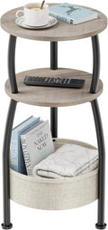 Round Side Table with Storage Basket –Small Space Saving End Table 3-Tier Coffee Table Bedside Corner Stand for Living Room, Bedroom, Garden and More 24in Tall Greige