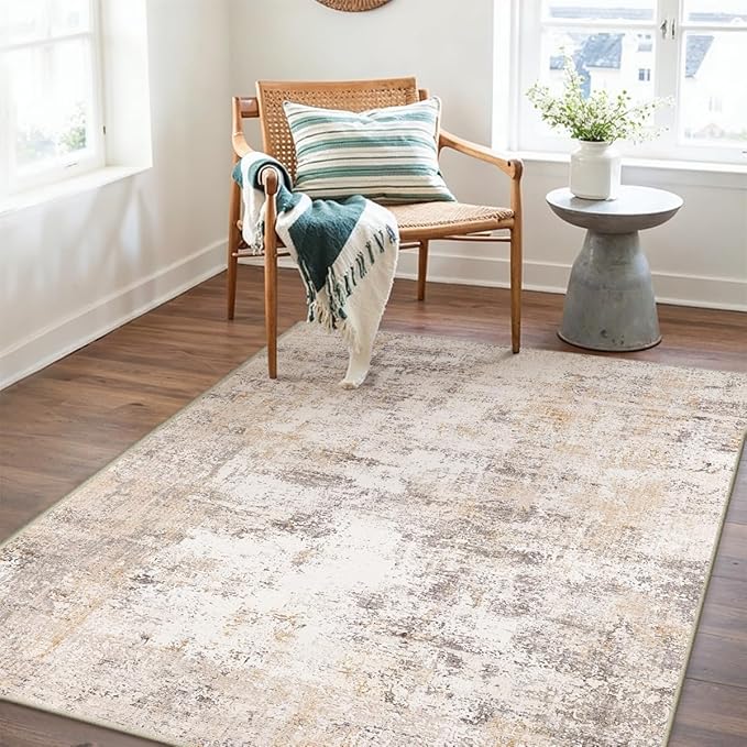 3x5 Washable Area Rug Beige Grey Neutral Abstract Entryway Kitchen Non Slip Low Pile Throw Rug Living Room Bedroom Indoor Doormat Small Soft Carpet for Entrance Bathroom