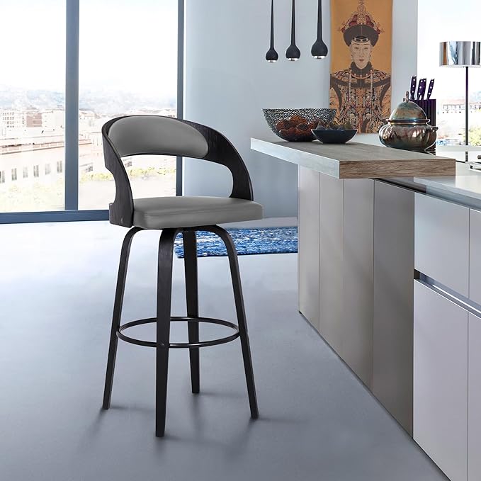 Armen Living Shelly 30" Bar Height Swivel Gray Faux Leather and Black Wood Bar Stool - Set of 4