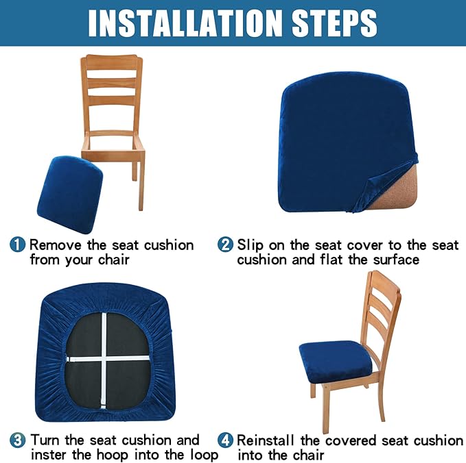 Smiry Velvet Seat Covers for Dining Room Chair Set of 6, Stretch Fit Removable Washable Chair Seat Cushion Protector Slipcovers with Ties, Federal Blue