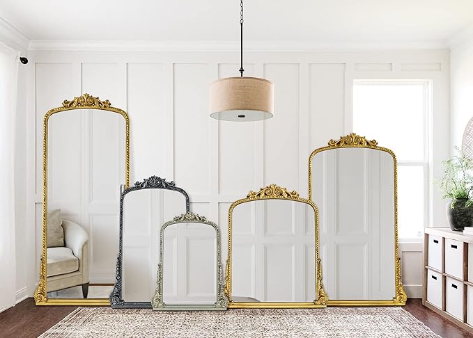 Traditional Ornate Floor Mirror Gold Arched Framed Full Length Wall Mirror Baroque Inspired Full Body Mirror, Antiqued Gold 30 x 60''