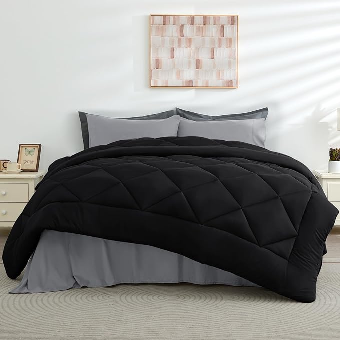 HEVUMYI Twin-XL Comforter Set - 5-Piece All Season Bed in a Bag Twin-XL, Ultra Soft Bedding Set with Comforter, Flat Sheet, Fitted Sheet, Pillowcases, Pillow Shams, Black & Light Grey