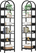 LITTLE TREE 6-Tier Open Bookshelf Set 2, Freestanding 78.7" Tall Arched Bookcase, Black Wooden Bookshelf with Metal Frame, Narrow Bookcase Display Shelves for Living Room, Bedroom, Office