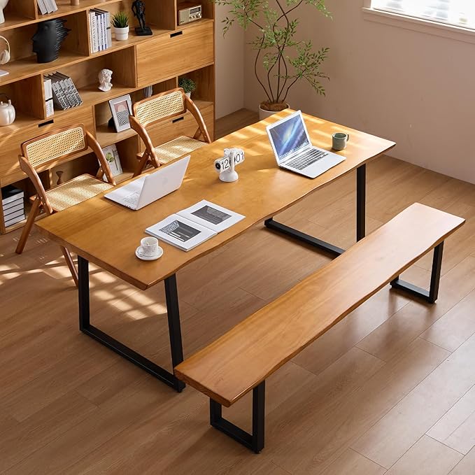 Solid Wood Top Bench with Metal Legs Durable Long Bench for Home Office Living Room Dining Room Versatile Multi Size Options Perfect Chair Stool Dining Bench Dining Chair (Light brown bench, 55.12in)