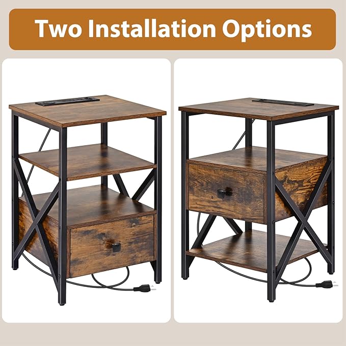 End Table with Wireless Charging, Charging End Table Bedside Table with Outlets, Charger Nightstand, Small End Table with Drawer, Night Stand with Storage for Bedroom, Living Room, Brown