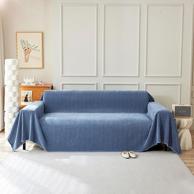 STACYPIK Thick Blue Sofa Covers Couch Covers for Dogs Herringbone Jacquard Couch Covers for 3 Cushion Couch Non-Slip Sectional Covers Protector Loveseat Couch Cover Pet Blanket Cover-71x134IN