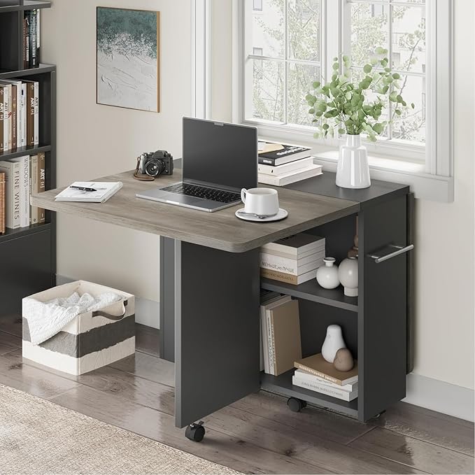 Space Saving Folding Dining Table with 2 Tier Storage-Extendable Drop Leaf Farmhouse Kitchen Dining Room Tables Set for 4, Collapsible Expandable Rectangle (Carlo Grey, 47.2"D x 23.6"W x 29.5"H)