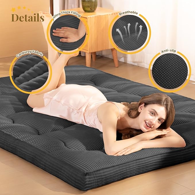 Japanese Floor Mattress, 4" Thicken Futon Mattress Full Size Sleeping Pad, Corduroy Foldable Floor Pad, Roll Up Tatami Mat for Adults Guest Room Bedroom, Grey