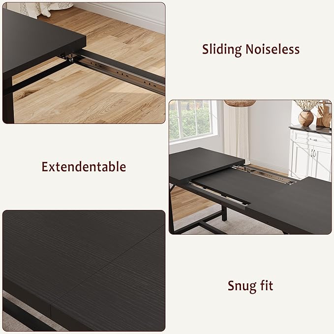 GarveeHome Dining Table Set for 4-6, 63" Extendable Wood Dining Room Table with Corner Protector & 2 Upholstered Benches, Kitchen Table Set for Apartment, Small Space, Easy Assembly, Retro Black
