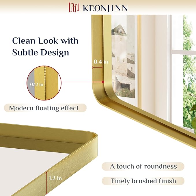 Keonjinn Brushed Gold Bathroom Mirror 72” x 36” Large Gold Bathroom Vanity Mirrors, Oversized Rounded Rectangle Mirror with Shatterproof HD Tempered Glass, Aluminum Alloy Frame(Horizontal/Vertical)