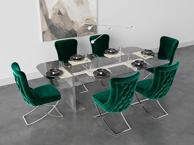 Ottomanson Royal Dining Chairs Set of 8 – Upholstered Tufted Microfiber, Assembled, Silver Metal Legs, Beech Wood Frame, 350 lb Capacity, Green