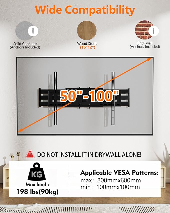 FORGING MOUNT Heavy Duty TV Wall Mount, Dual Articulating Arm Full Motion TV Wall Mount Bracket with 43 inch Long Arm,Fits 50 to 100 Inch TVs, Holds up to 198 lbs,Max VESA 800x600mm