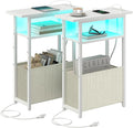 Narrow Side Table with Charging Station, LED End Table Set of 2 for Small Spaces, Skinny Nightstands Set 2 with Storage Basket, 3 Tier Sofa Bedside Tables for Living Room,Bedroom, White