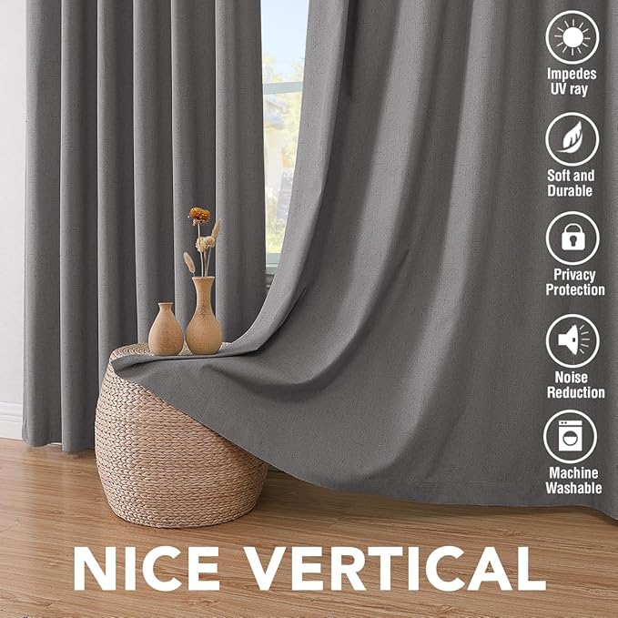 H.VERSAILTEX Primitive Linen Curtains 100% Blackout Curtain Drapes Burlap Fabric Curtains with White Thermal Insulated Liner, Grommet Top Drapes Living Room/Bedroom (2 Panels, 42 x 45 Inch, Grey)