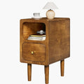Narrow Nightstand, Solid Wood Night Stand with Drawers, Walnut Mid Century Modern Nightstand, Small Beside Table with Open Storage Shelf for Bedroom (12 inch)
