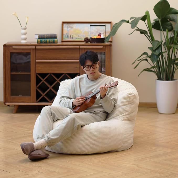 N&V Large Crescent Bean Bag Chair, Adult Size Bean Bag Sack, Foam Filling, Soft Premium Corduroy Bean Bag for Living Room Bedroom Dorm and Office (Ivory)