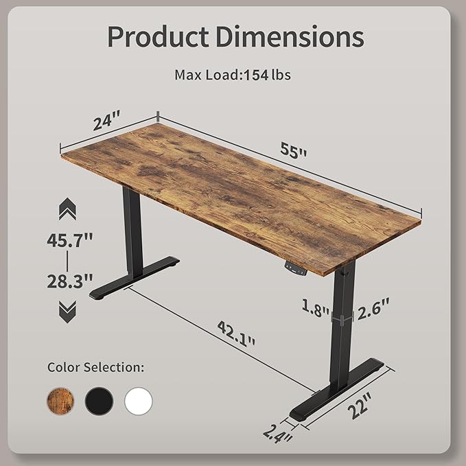 Agilestic Electric Standing Desk, 55 x 24 Inches Height Adjustable Desk, Sit Stand up for Work Office Home, Ergonomic Rising Computer Table with Memory Preset, Rustic Brown