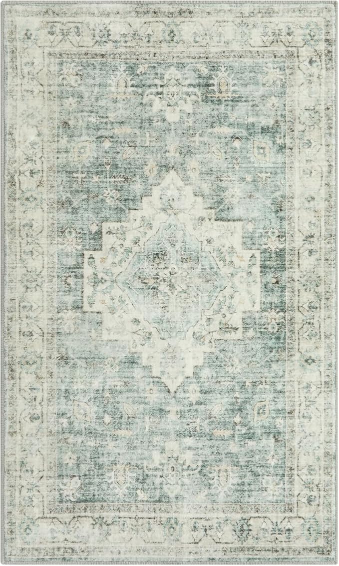 LIVEBOX Entryway Rug 3x5 Washable Area Rugs for Kitchen Bathroom, Non-Slip Front Door Mat for Bedroom, Boho Low-Pile Carpet Farmhouse Throw Indoor Mats for Bath Laundry Room, Sage Green