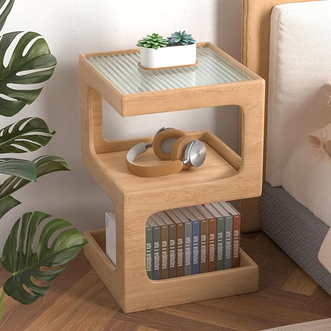HOMEMORE Solid Wood Side Table Modern end Table Modern Nightstand No Assembly Required Accent Table for Living Room,Bedroom Log Color