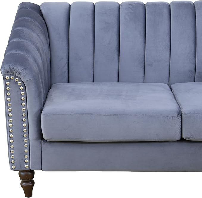 Sectional Sofa Set, Microfiber Chesterfield Upholstered Sofas Loveseat Couch Chair Sets with Style Button Tufted, Scroll Arms and Nailhead for Living Room, Office, Apartment, Grey,3PCS