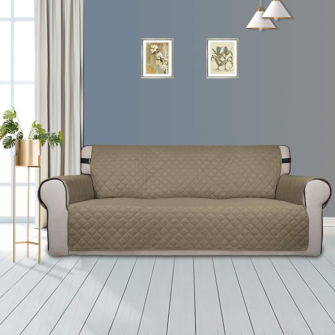 PureFit Reversible Sofa Couch Cover Water Resistant Couch Covers for 3 Cushion, Washable Furniture Cover with Non-Slip Foam and Adjustable Strap for Dogs, Pets (Sofa, Beige/Ivory)
