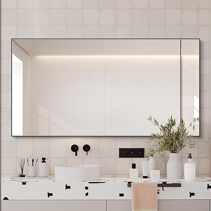 Black Bathroom Mirror for Wall, Rectangle Mirrors with Metal Frame, Modern Vanity Wall Mirror Decor for Entryway Hangs, Bathroom Living Room Horizontal or Vertical (Black, 30" L x 24" W)