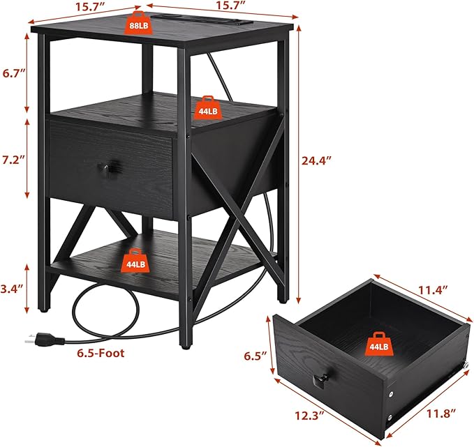 End Table with Wireless Charging Station, Black Side Tables Living Room with Outlet, End Table with Wood Drawer, Night Stand with Storage for Bedroom, Bedside Tables