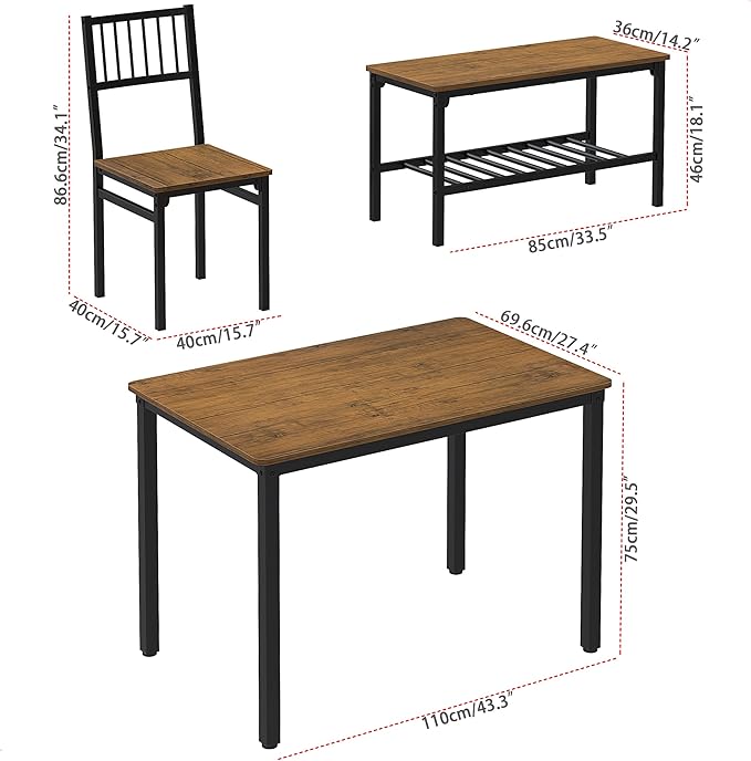 Teraves Dining Table Set for 4/Computer Desk,Kitchen Table with 2 Chairs and a Bench,Table and Chairs Dining Room Set 4 Piece Set for Dining Room (Teak, 110CM)/ 43.31"