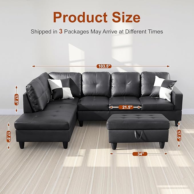 Osparple L Shaped Couch Faux Leather Sectional Couches for Living Room Upholstered 3 Pieces Modular Sectional Sofa with Chaise, Ottoman with Storage for Living Room and Small Apartment, Black
