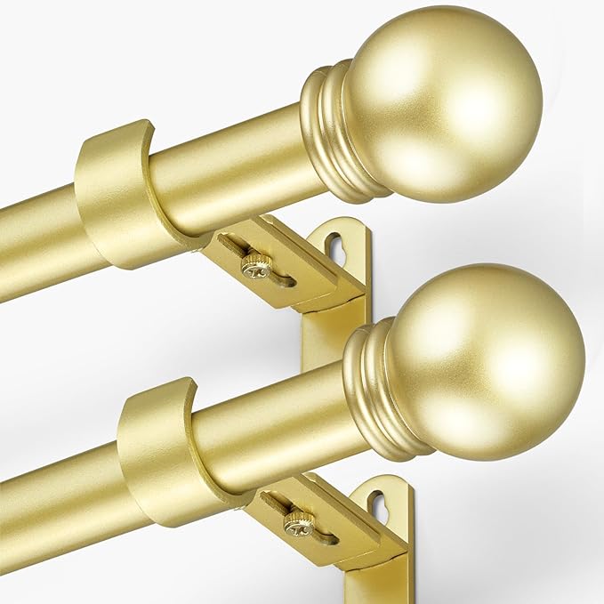Curtain Rods for Windows 16 to 136 Inches, Curtain Rod Max Adjustable Length of 144 IN, 1" Diameter Drapery Rods Round Finials, Warm Gold, Pack of 2