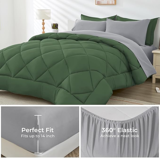 HEVUMYI Twin Comforter Set - 5-Piece All Season Bed in a Bag Twin, Ultra Soft Bedding Set with Comforter, Flat Sheet, Fitted Sheet, Pillowcases, Pillow Shams, Green & Light Grey